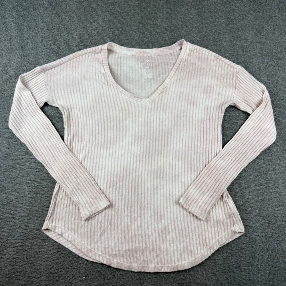 American Eagle Top Women's XS Pink Tie Dye Ribbed Soft & Sexy Long Sleeve V-Neck